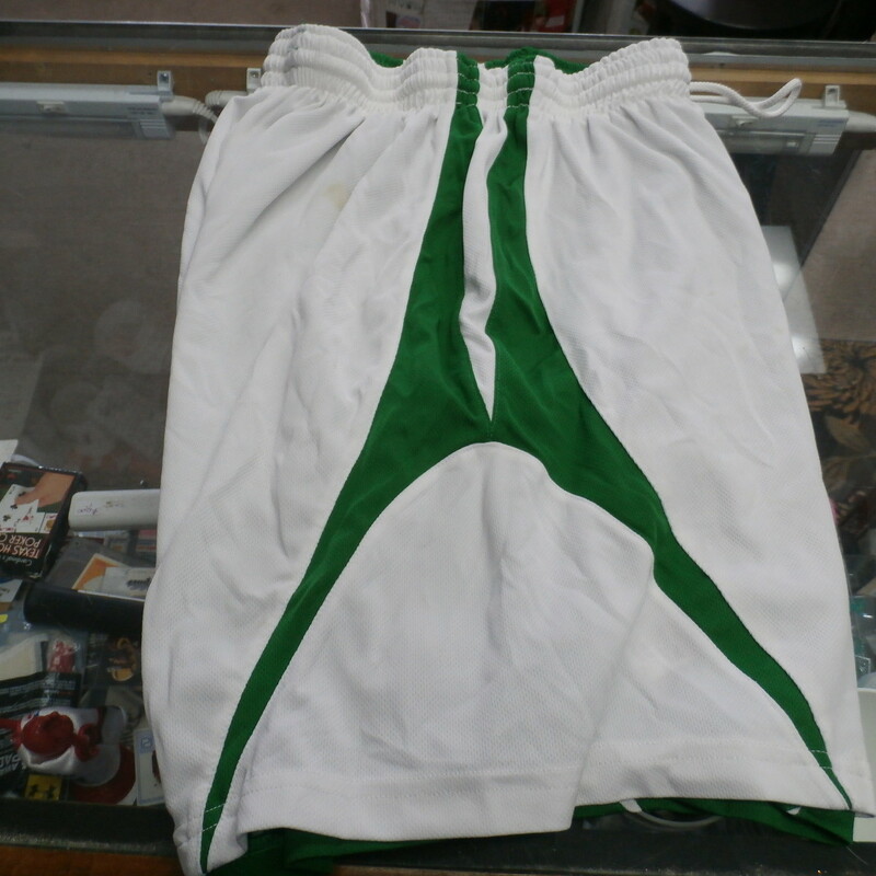 Alleson Men's reversible  Athletic shorts Green/white size Medium poly #27329<br />
Rating: (see below) 4- Fair Condition<br />
Team: n/a<br />
Players: n/a<br />
Brand: Alleson<br />
Size: Men's  medium (Measured Flat: waist 13\"; Length 19\"; inseam 8\")<br />
Color: Green/White<br />
Material: 100%polyester<br />
Style: athletic shorts; Reversible;<br />
Condition: 4- Fair Condition: wrinkled; minor pilling and fuzz; some stretching at waist from wear; on the white of shorts there are multiple small stains throughout front and back; few small snags;<br />
Item #27329<br />
Shipping: FREE
