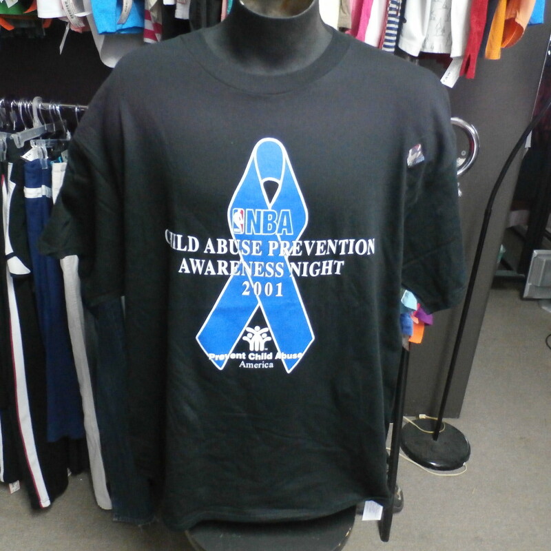 NBA child abuse prevention awareness t shirt black size 2XL 100% Cotton #29937<br />
Rating: (see below) 2- Great Condition<br />
Team: Teams<br />
Player: n/a<br />
Brand: NBA<br />
Size: Men's 2XL- (Measured Flat: Across chest 25\"; Length 31\")<br />
Measured Flat: underarm to underarm; top of shoulder to bottom hem<br />
Color: Black<br />
Style: short sleeve; screen printed<br />
Material: 100% cotton<br />
Condition: 2- Great Condition: original stickers are on the shirts; they are wrinkled and creased; but feel like new;<br />
Item #: 29937<br />
Shipping: FREE
