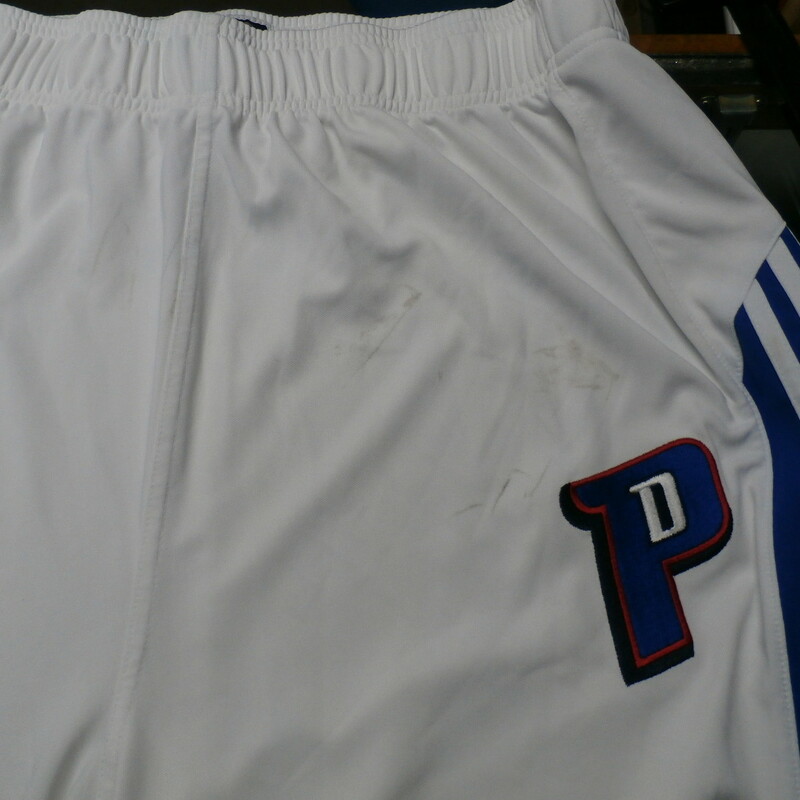 Detroit Pistons white Adidas tearaway pants size 2XLT polyester #29963
Rating: (see below) 4- Fair Condition
Team: Detroit Pistons
Player: N/A
Brand: Adidas
Size: Men's XXLT- (Measured Flat: waist 19\"; Length 50\"; inseam 36\")
Color: white
Style:  elastic waistband with drawstring; embroidered
Material: 100% polyester
Condition: 4- Fair Condition - lots of stains; minor wear (see photos)
Item #: 29963
Shipping: FREE