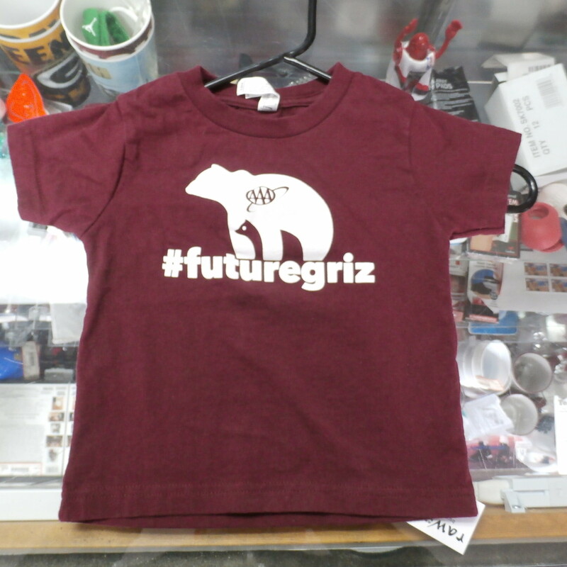 Montana Grizzlies #futuregriz YOUTH shirt maroon size 3 cotton #30177<br />
Rating: (see below) 3- Good Condition<br />
Team: Montana Grizzlies<br />
Player: n/a<br />
Brand: LAT Apparel<br />
Size: YOUTH 3- (Measured Flat: Across chest 12\"; Length 14\")<br />
Measured Flat: underarm to underarm; top of shoulder to bottom hem<br />
Color: maroon<br />
Style: short sleeve; screen printed<br />
Material: 100% cotton<br />
Condition: 3- Good Condition: minor wear from use; minor pilling and fuzz (see photos)<br />
Item #: 30177<br />
Shipping: FREE