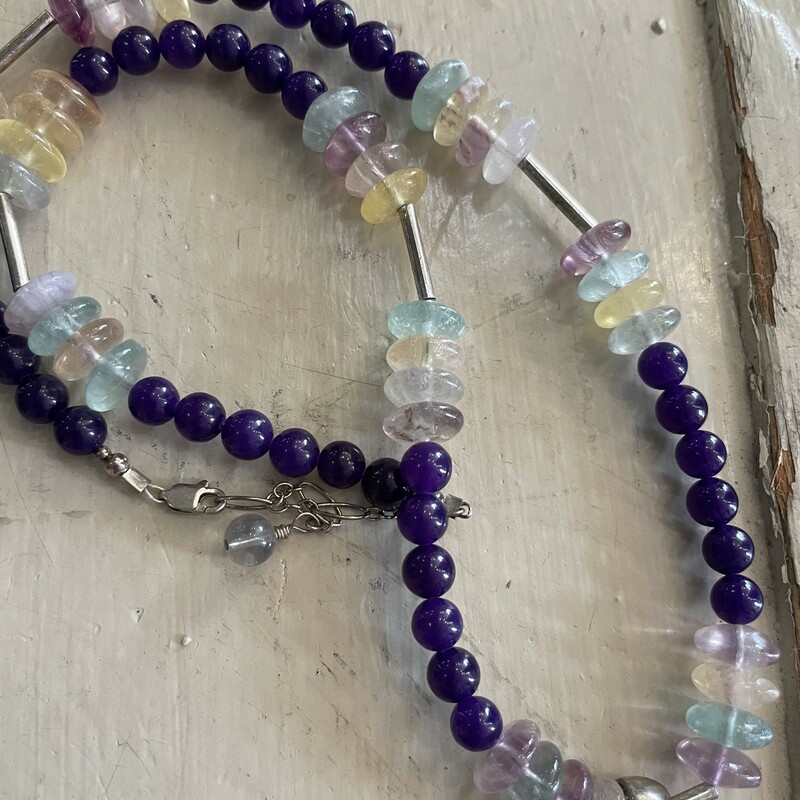 Rainbow Florite & Amythest Necklace<br />
Beautifully hand crafted with sterling silver clasp, dividers and gem anchor<br />
Purple, green and cream<br />
Size: 11 Inches