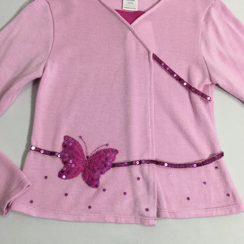 120-438 American Girl, Pink, Size: Large girls pin sweater with butterfly on it 100% acrylic  good