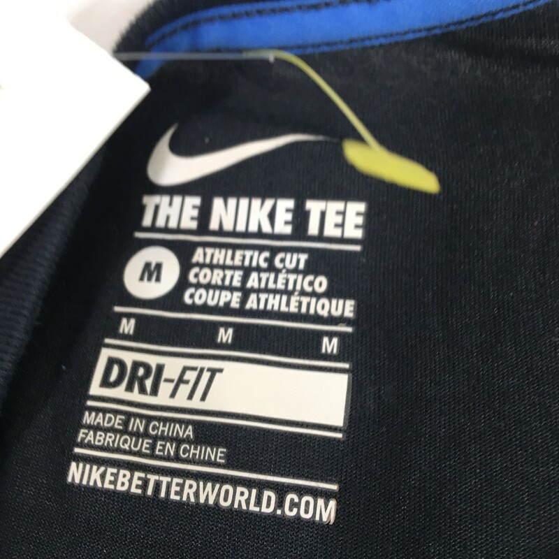 102-140 Nike, Black, Size: Medium Black short sleeve t-shirt w/blue lettering Cotton/polyesther