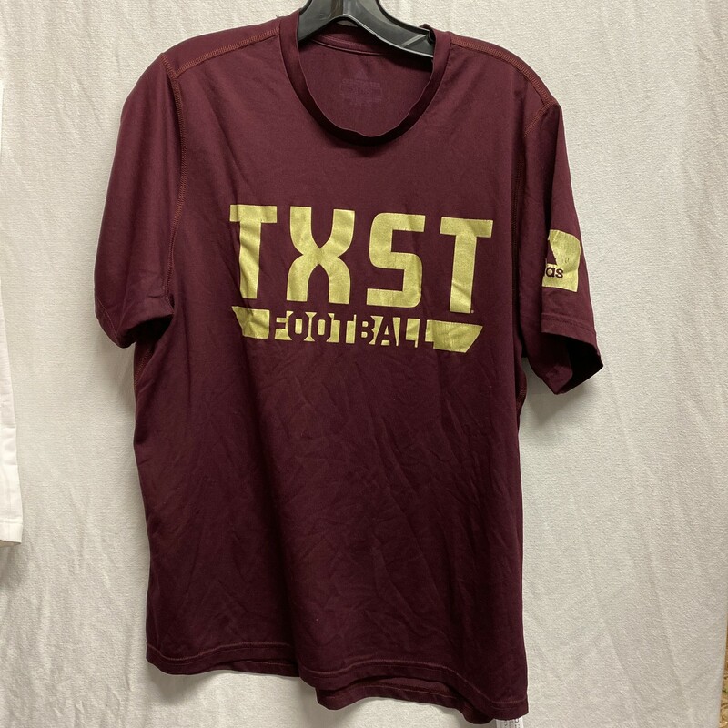 Texas State Shirt, Maroon, Size: XL<br />
faded, discoloring, stretched out from use, pilling an fuzz, logos are cracked and worn