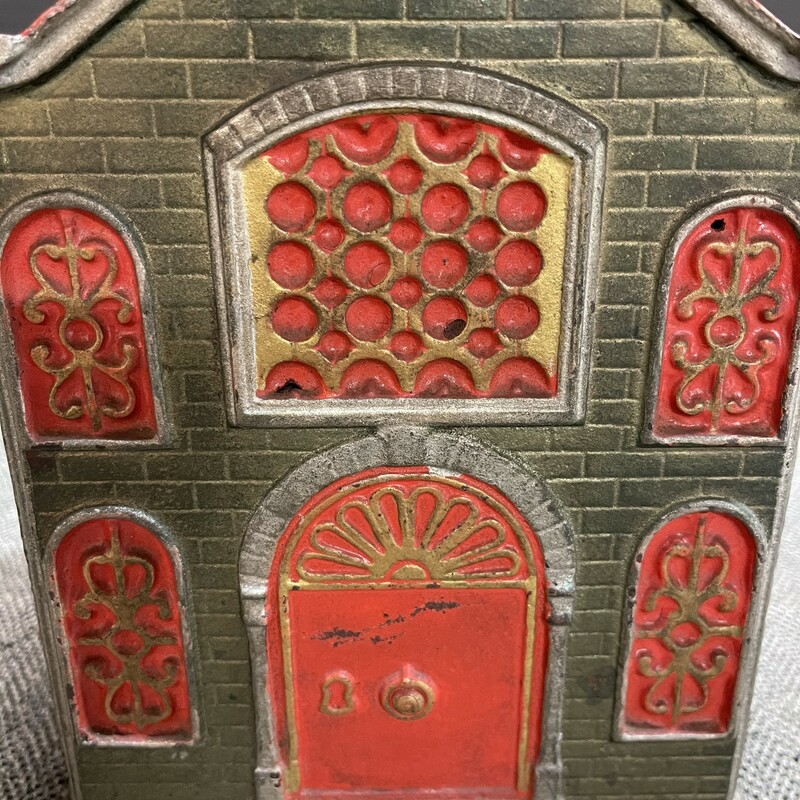 Kyser and Rex Globe Savings Fund cast iron semi mechanical bank. Red and gold hues grab your attention along with scroll detail. Dragons perch atop the building patiently waiting for a deposit. Circa 1888; condition as found and is extremely rare.