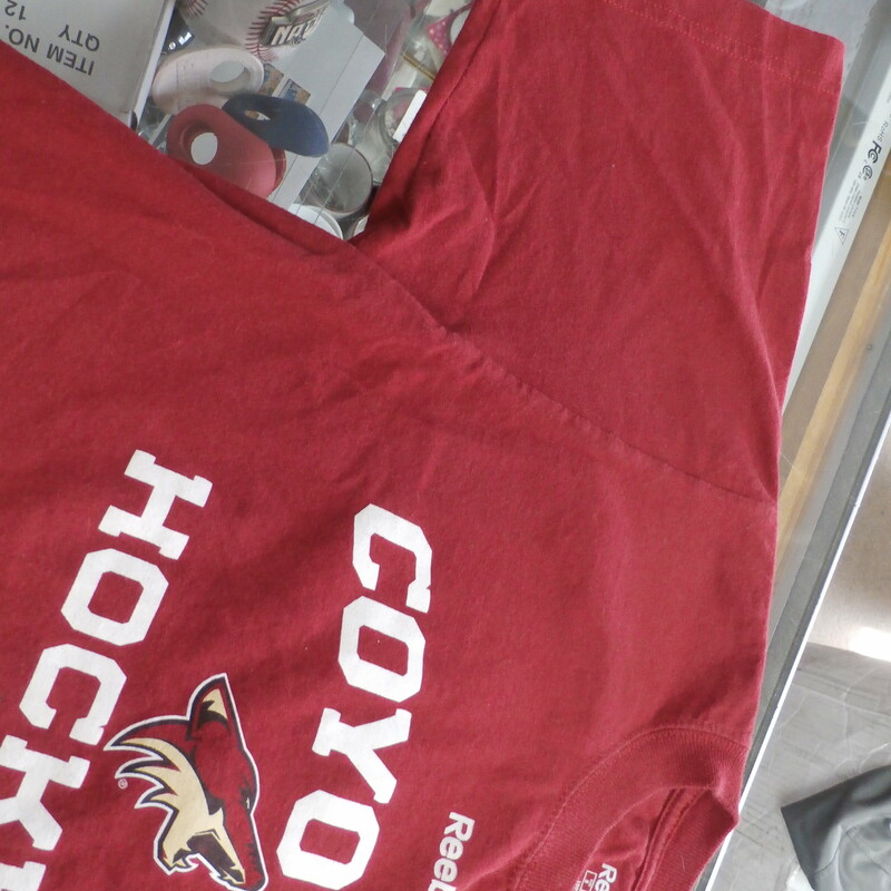 Reebok Men's Arizona Coyotes shirt size small red cotton #30583
Rating: (see below) 3- Good Condition
Team: n/a
Player: n/a
Brand: Reebok
Size: Men's Small- (Measured Flat: Across chest 17\"; Length 26\")
Measured Flat: underarm to underarm; top of shoulder to bottom hem
Color: red
Style: short sleeve; screen pressed
Material: 100% polyester
Condition: 3- Good Condition: wrinkled; pilling and fuzz; item is slightly discolored from use;
Item #: 30583
Shipping: FREE