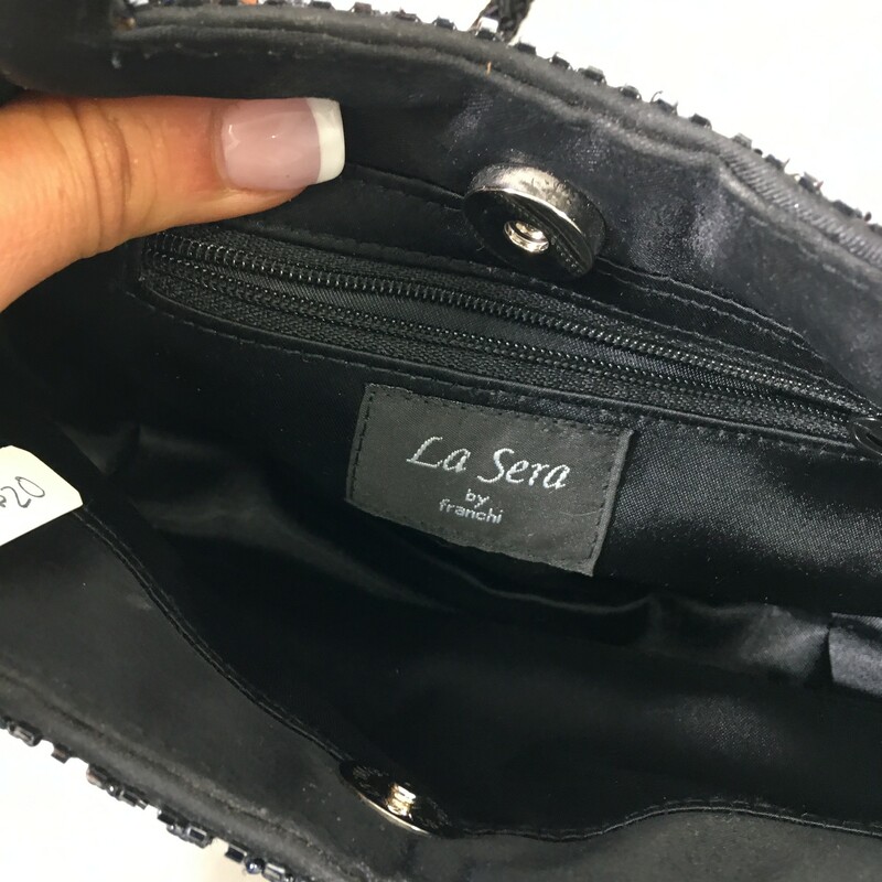 La Sera by Franchi black satin purse, beaded detail, gnadle and shoulder strap