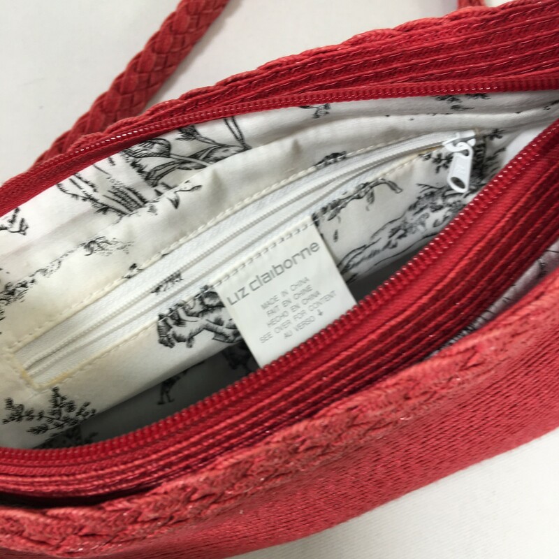 124-004 Liz Claiborne, Red, Size: Shoulder red threaded purse with white and black designs in the inside 75% paper 25% polyester  good