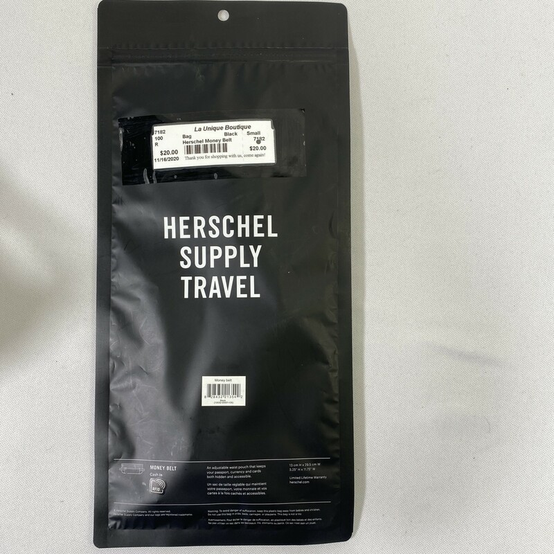 Herschel Money Belt, Black, Size: Small