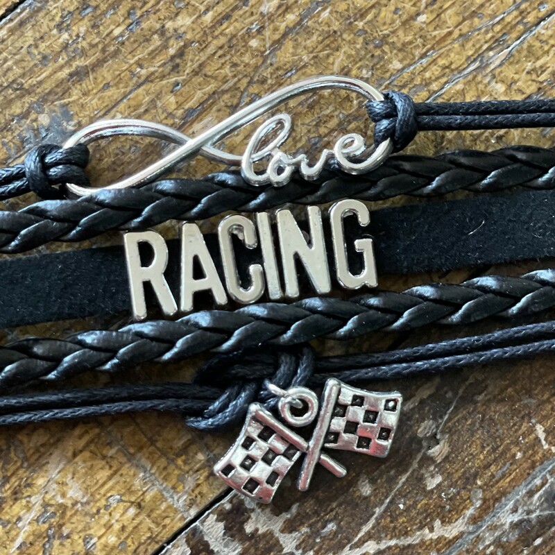 NEW! Love Racing Infinity Bracelet<br />
I have multiples of this same bracelet in the silver and black available. All are brand new!<br />
Black and silver<br />
Size: Adjustable