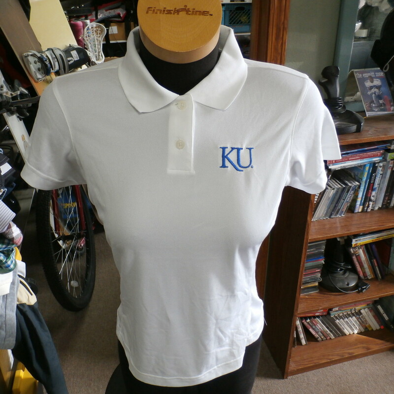 Kansas Jayhawks women's white Adidas ClimaCool polo shirt size small #28786
Rating: (see below) 3- Good Condition
Team: Kansas Jayhawks
Player: n/a
Brand: Adidas
Size: Women's Small- (Measured Flat: Across chest 18\"; Length 22\")
Measured Flat: underarm to underarm; top of shoulder to bottom hem
Color: white
Style: short sleeve; embroidered
Material: 100% polyester
Condition: 3- Good Condition: minor wear and fading from use; light orange marks on right shoulder and collar (see photos)
Shipping: FREE