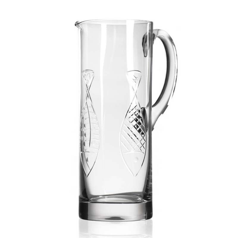 Fish Pitcher, 35 Oz,

Inspired by mid-century designs utilizing stylized fish,  is bold and charming. Fish have historically symbolized change and transformation, luck, eternity and happiness. European crystal glass is diamond-wheel engraved and brightly polished in the USA. While there may be plenty of fish in the sea, this pitcher is a catch.
35oz.
H: 10in.
D: 6 1/4in.