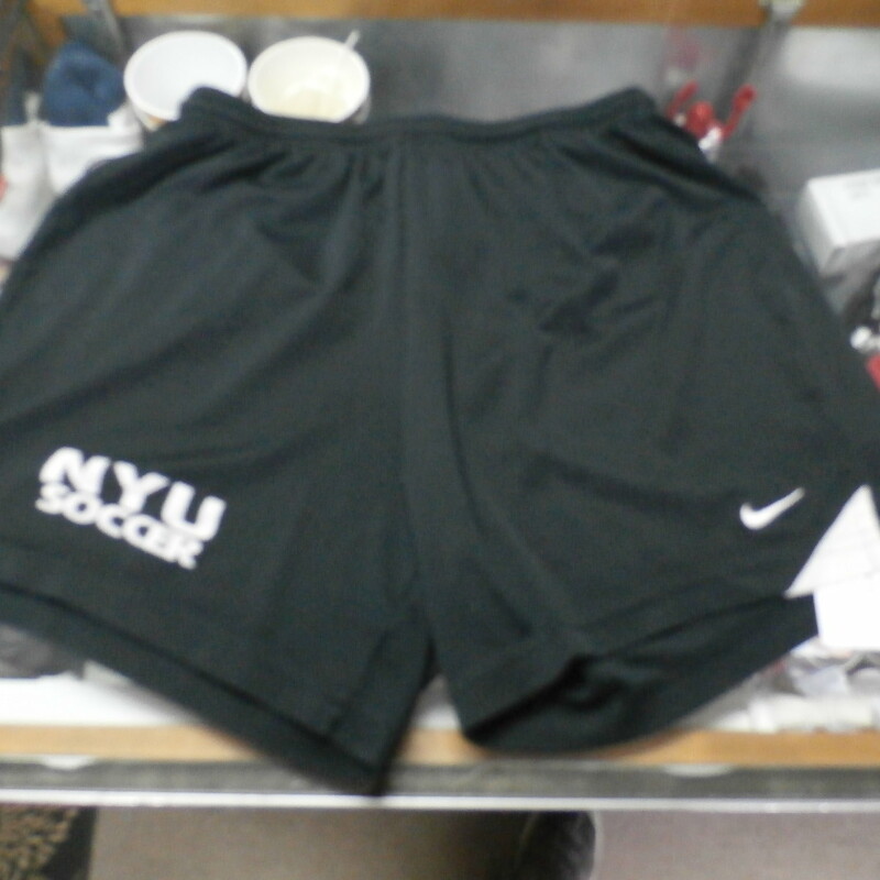 NYU Violets Soccer black Nike Dri-Fit shorts black size Small polyester #28141
Rating: (see below) 3- Good Condition
Team: NYU Violets
Player: n/a
Brand: Nike
Size: Men's Small- (Measured Flat: Across waist 13\"; Length 14\" inseam 5\")
Color: black
Style: elastic waist with drawstring; screen printed and embroidered
Material: 100% polyester
Condition: 3- Good Condition: minor wear from use; numerous small snags; screen printing is faded (see photos)
Item #: 28141
Shipping: FREE