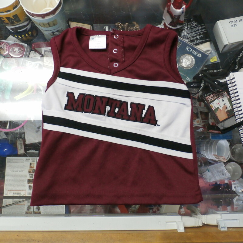 Montana Grizzlies maroon child's cheer jersey size 18M polyester #30581
Rating: (see below) 3- Good Condition
Team: Montana Grizzlies
Player: n/a
Brand: Pro Edge
Size: YOUTH 18M- (Measured Flat: Across chest 10\"; Length 12\")
Measured Flat: underarm to underarm; top of shoulder to bottom hem
Color: maroon
Style: sleeveless; embroidered
Material: 100% polyester
Condition: 3- Good Condition: minor wear and discoloration from use (see photos)
Item #: 30581
Shipping: FREE