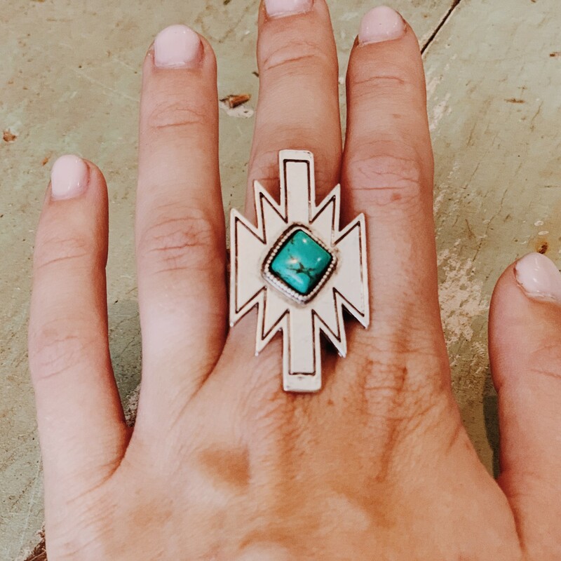 Boho Turquoise Aztec Cow Skull Ring. Adjustable for size.