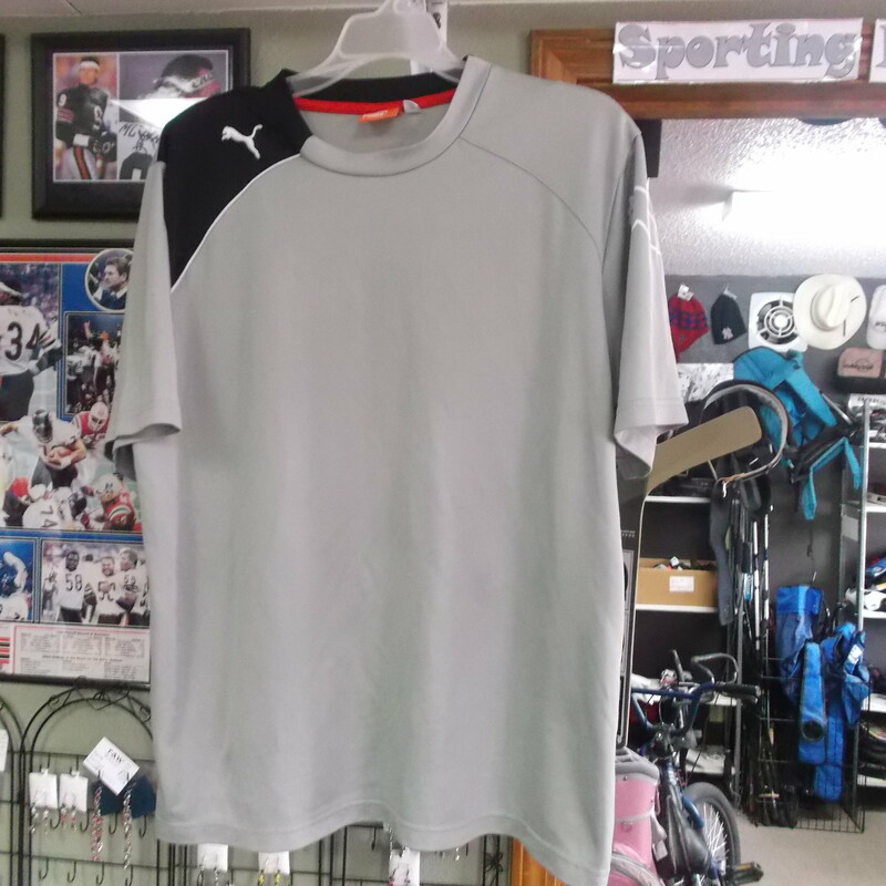 PUMA Men's Athletic Short Sleeve Shirt Size Large Gray #9060<br />
Rating:   (see below) 3 - Good Condition <br />
Team: n/a<br />
Player: n/a<br />
Brand: PUMA<br />
Size: Large - Men's(Measured Flat: Across chest 21\"; Length 27\")<br />
Color: Gray<br />
Style: Short Sleeve Shirt<br />
Material: Polyester Blend - Missing tag<br />
Condition: - Good Condition - wrinkled; Material looks and feels good; Some snags; Light pilling and fuzz; few light stains; Missing the material tag; No rips or holes(See Photos for condition and description)<br />
Shipping: $3.37<br />
Item #: 9060
