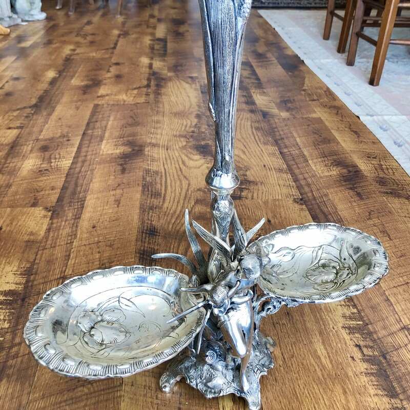 Beautiful Jugendstil Style Silver Plated Epergne
c.1900-1940. A unique piece that is as functional as it is beautiful.
Measure 21in tall x 19.5in wide x 7in deep and weights approx. 22 lbs.

Shipping will be USPS priority mail.