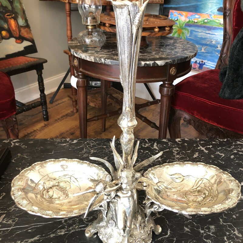 Beautiful Jugendstil Style Silver Plated Epergne<br />
c.1900-1940. A unique piece that is as functional as it is beautiful.<br />
Measure 21in tall x 19.5in wide x 7in deep and weights approx. 22 lbs.<br />
<br />
Shipping will be USPS priority mail.