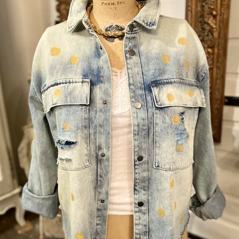 This handmade distressed denim jacket is the perfect go to year round. Itâ€™s embellished with gold lettering; hearts and polka dots. Itâ€™s a manâ€™s medium 38/40 allowing for a fun oversized fit.