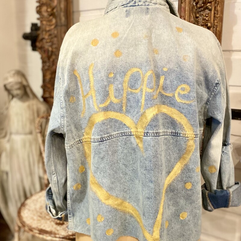 This handmade distressed denim jacket is the perfect go to year round. Itâ€™s embellished with gold lettering; hearts and polka dots. Itâ€™s a manâ€™s medium 38/40 allowing for a fun oversized fit.