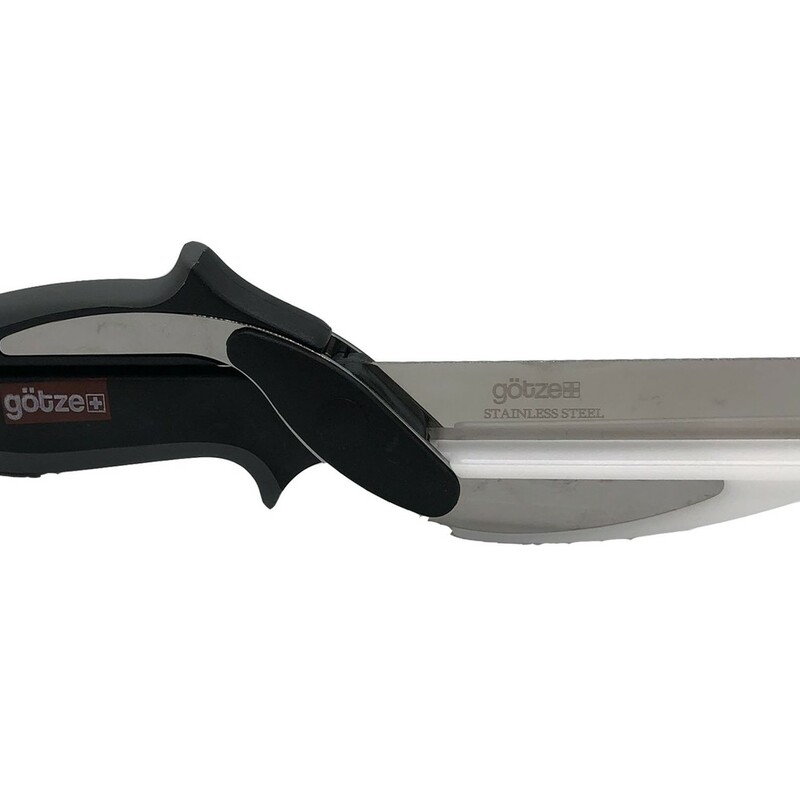 Gotze 2 In 1 Knife/Scizzor

The Götze 2-in-1 Knife Scissors are the ultimate kitchen companion for chefs and at-home cooks alike. Combining the power of a cutting board and a stainless steel knife, its design makes it easy to achieve precise slices and effortless chopping...even butternut squash are no match for our premium knife. Whether you’re making a feast or cutting up a quick snack, The Götze 2-in-1 Knife Scissors are a real game-changer.