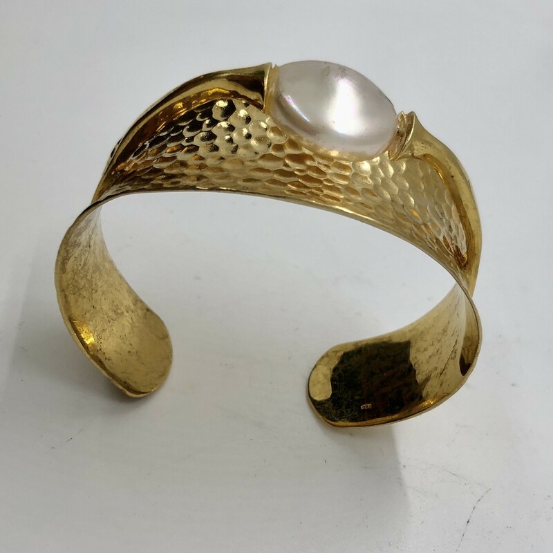 Vintage Hammered Sterling Vermeil wide cuff bracelet with a large Freshwater Pearl.