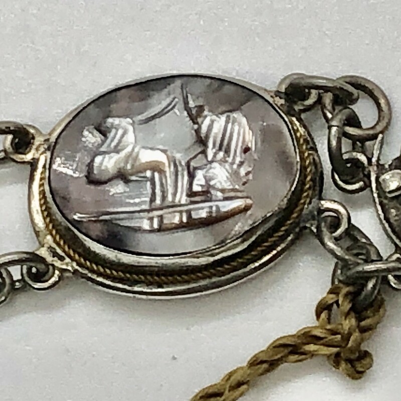 900 Silver Mother-of-Pearl Cameo Bracelet hand carved with boat scenes Of Italy. It has its original tag Bartoli & Russo, Naples, Italy. 7in
