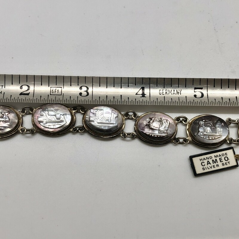 900 Silver Mother-of-Pearl Cameo Bracelet hand carved with boat scenes Of Italy. It has its original tag Bartoli & Russo, Naples, Italy. 7in