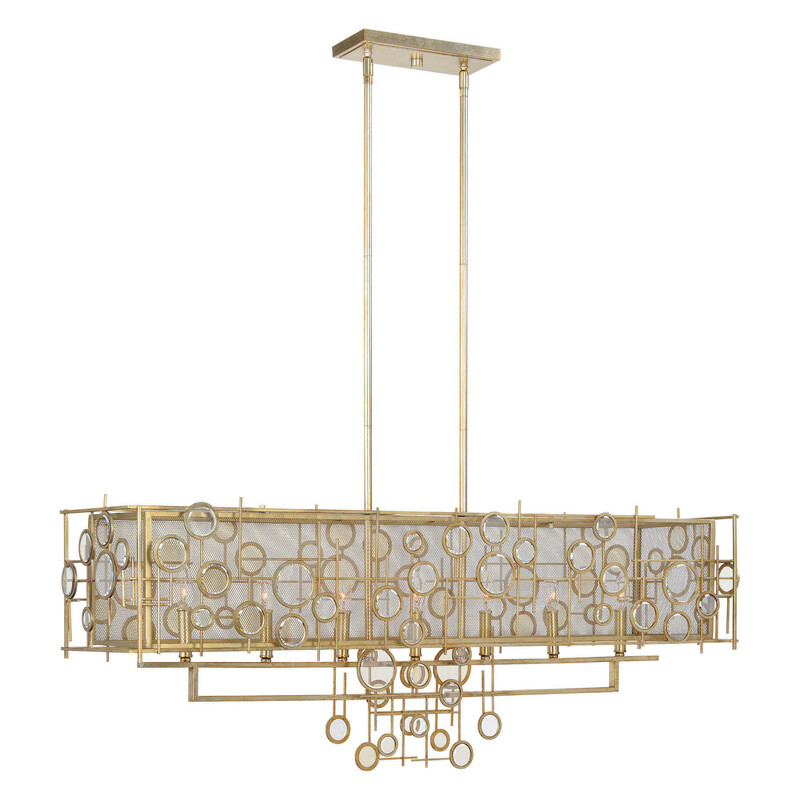 Uttermost Pompa 7-Light Pendant Chandelier. Uniquely transitional in shape and details this 7 Lt. Island pendant has an antique silver leaf finish with slight champagne dry brushing and a shade that is a metal mesh with beveled edged circle details in two tones of pale plated glass.

Brand new.
Rod length; 3pcs 12in, 1pc 6in Adjustable rods.
Dimensions, 19 H X 49 W X 11 D.  Weight, 31pounds.