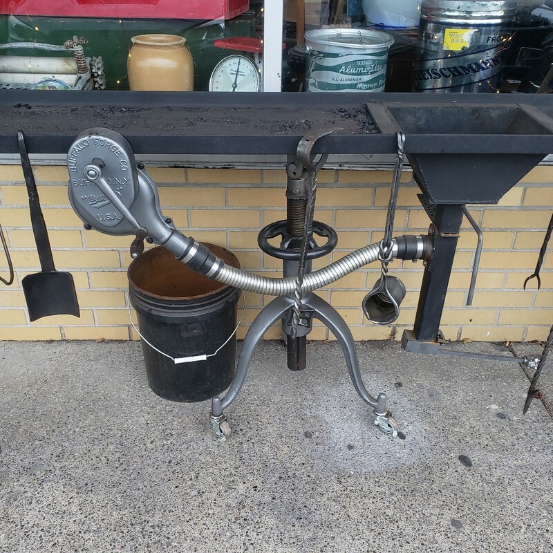 Blacksmith Forge, Coal, Size: Portable. Hand made by Local Blacksmith. has Buffalo Forge Blower. Adjustable height. Comes with Bucket of Coal & 6 Tools.