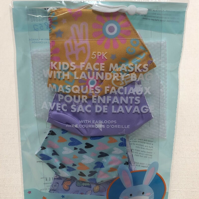 5Pack 2Ply FaceMasks, Multi, Size: 4-12Years<br />
Includes Laundry Bag!<br />
New!<br />
Hearts/Butterfly/Purple/Pink