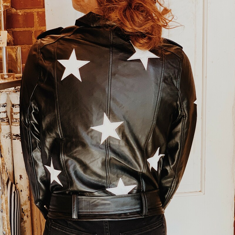 This faux leather moto jacket with white stars is so fun and unique! Perfect to pair with jeans and go!