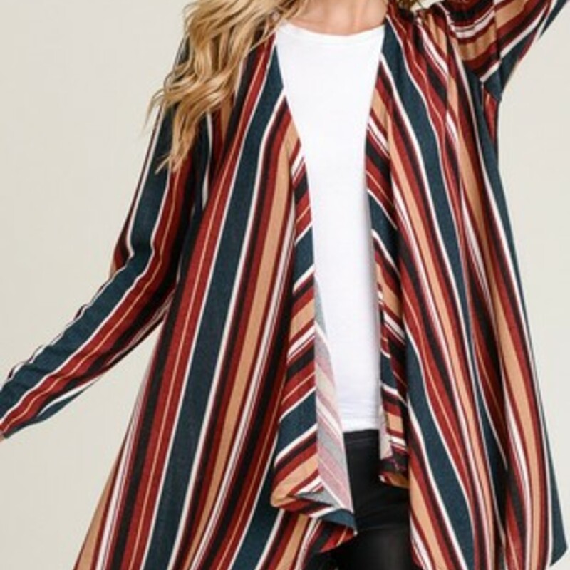 Stripped Cardigan with draped open front
Trapeze Hem
MADE IN THE U.S.A