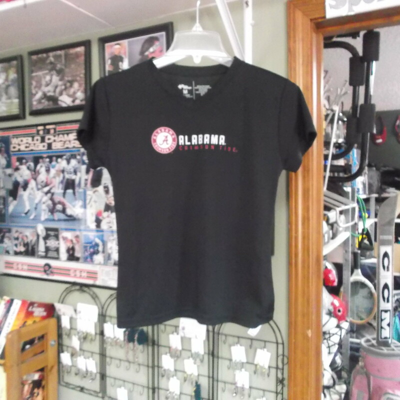 Alabama Crimson Tide women's t shirt black size Medium polyester #9334
Rating:   (see below) 3 - Good Condition
Team: Alabama Crimson Tide 
Event: N/A
Brand: The Cotton Exchange 
Size: Medium- Women (Measured Flat: Across Chest 16.25\"; Length 22\")
Color: Black
Style: Short sleeve shirt, screen pressed logo; v neck 
Material: 100% micro fiber Polyester
Condition: - Good Condition - wrinkled; Material is slightly faded and discolored; Pilling and fuzz are present; no rips or holes; a few tiny snags; (Please use photos to see the condition details) 
Shipping cost: $3.37
Item #: 9334