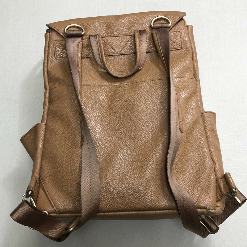 Freshly Picked Diaper Backpack,<br />
Butterscotch Brown<br />
<br />
Condition: Some Wear<br />
<br />
This chic, modern diaper bag from Freshly Picked features soft, durable vegan leather construction. Stylish yet highly functional, it's absolutely packed with helpful special features. It has a total of 10 pockets, including a front zip pocket and two side pockets. Plus, the roomy main compartment can hold all your essentials, while a magnetic front flap allows for easy closure. Stain-resistant and equipped with metal feet that keep it from touching the ground, it can even be worn as a backpack, cross-body bag or purse.<br />
<br />
Freshly Picked Butterscotch Brown Diaper Bag 13Wx7Dx15H<br />
Designed by Freshly Picked<br />
100% vegan leather<br />
Diaper bag backpack with front zip pocket, two side pockets and flap<br />
10 pockets with spacious central space for large items<br />
Magnetic front flap for easy close without zipping<br />
Wearable 3 ways: backpack, cross-body, or purse<br />
Metal feet on bottom so bag never touches the ground<br />
100% wipe-clean and stain-resistant
