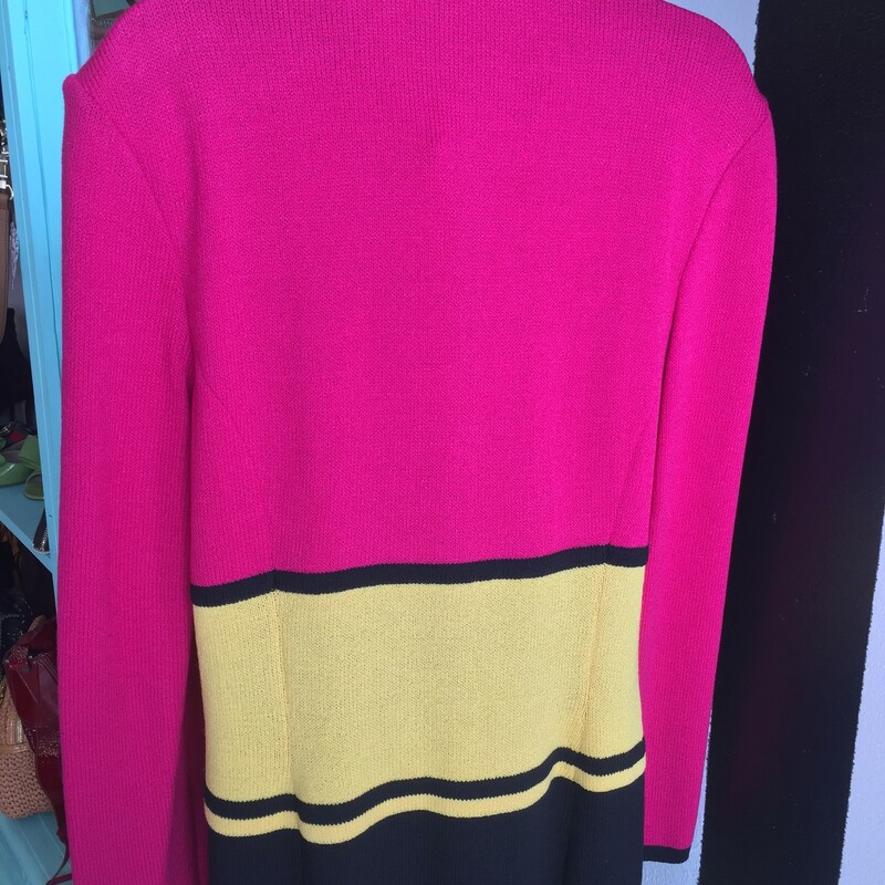 Like new St. John zip jacket. Pink, yellow, and black knit with black and gold hardware. No signs of use. Size 12. Retail approx: $899