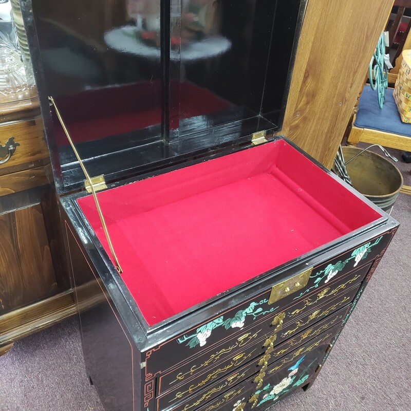 Painted Asian Cabinet, Black Laquer, w/ Gold leaf, Size: 22 w x 14 d x 30 h  Red Felt Lined Left Top, 4 Drawers, 2 Doors