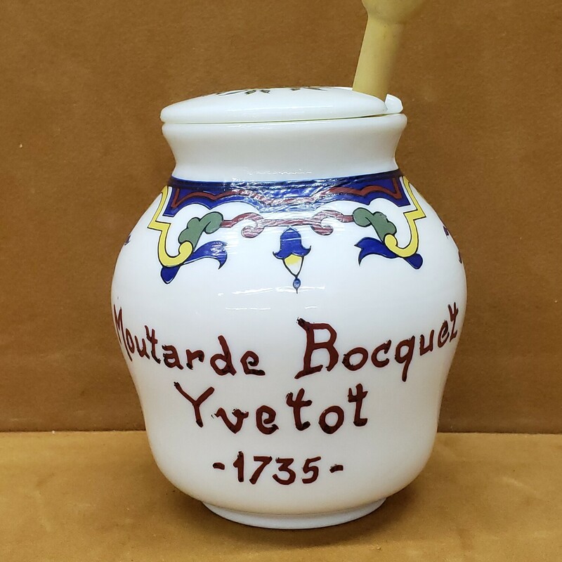 Vtg Mustard Jar, Milk Glass, Size: W/ Original Spoon