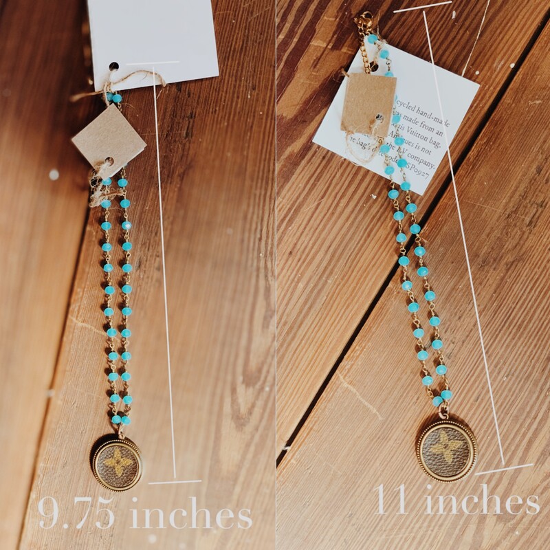 This upcycled, hand-made necklace was made from an authentic Louis Vuitton bag! The bag's date code is SP0927. See pictures for measurements.<br />
<br />
Not affiliated with the LV company.