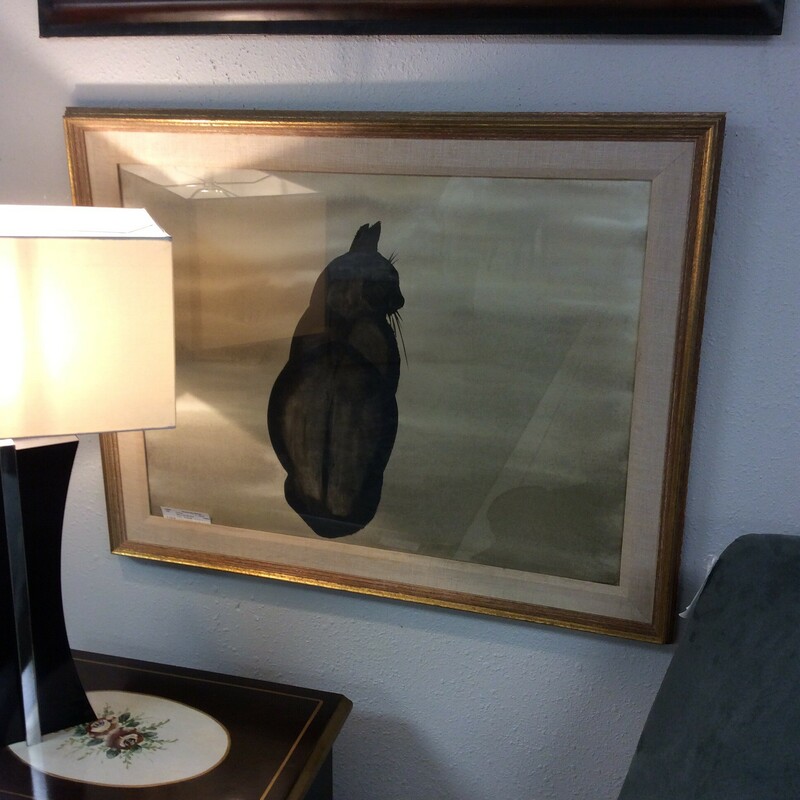 Lovely watercolor print of a large black cat. Matted and framed.