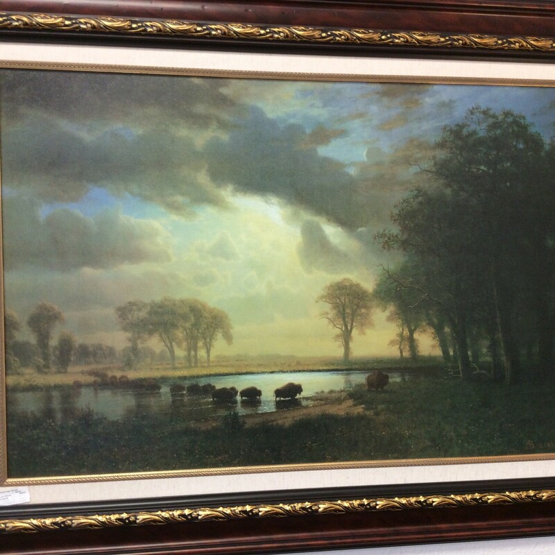 This beautiful art work of Buffalos crossing a lake  is by Bierstadt. It is in a brown and gold frame. It measures 58x43