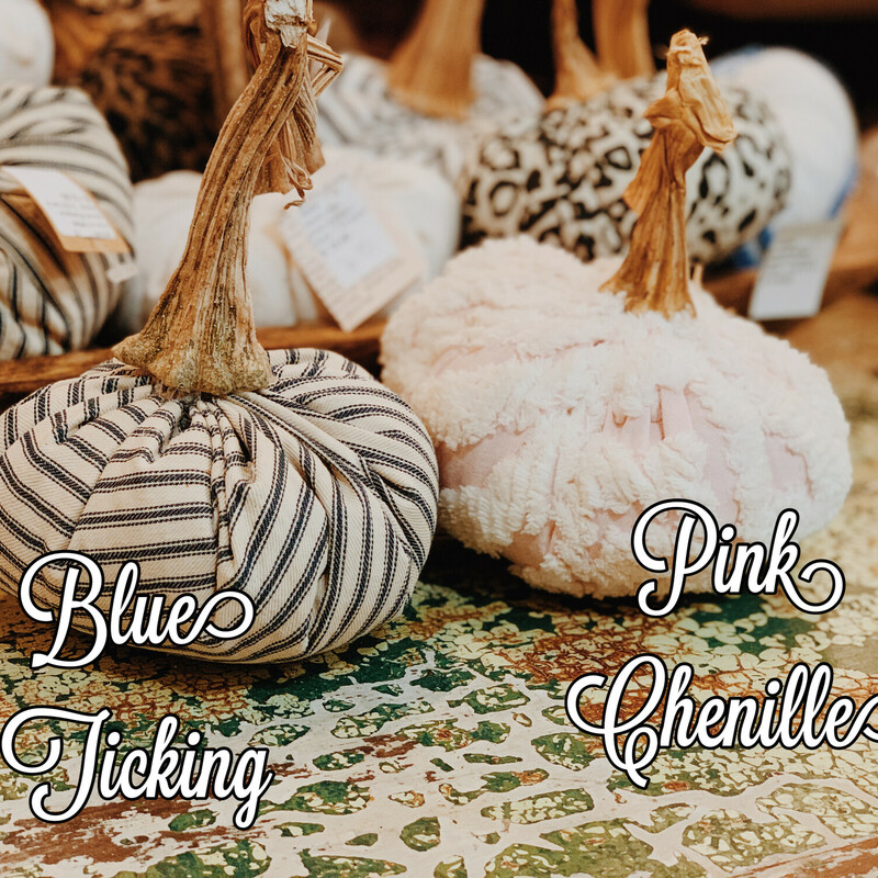 These handmade pumpkins are made from vintage fabrics and have stems from real pumpkins! They measure about 5 inches in diameter. These are one of a kind and handmade, so you'll only find them here at Resurrect! They are available in Chenille, Blue & White Chenille, Pink Chenille, Black Striped, Linen, Leopard Print 1, Leopard Print 2, Blue Ticking, and Black Ticking.