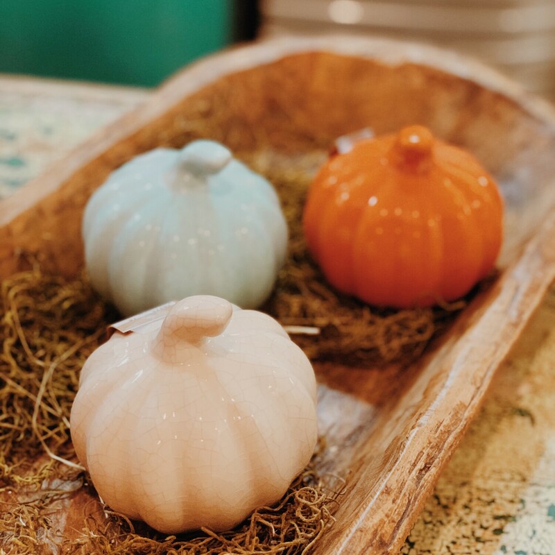 These beautiful ceramic pumpkins measure 4 inches in diameter. They are available in cream, turquoise, and orange!