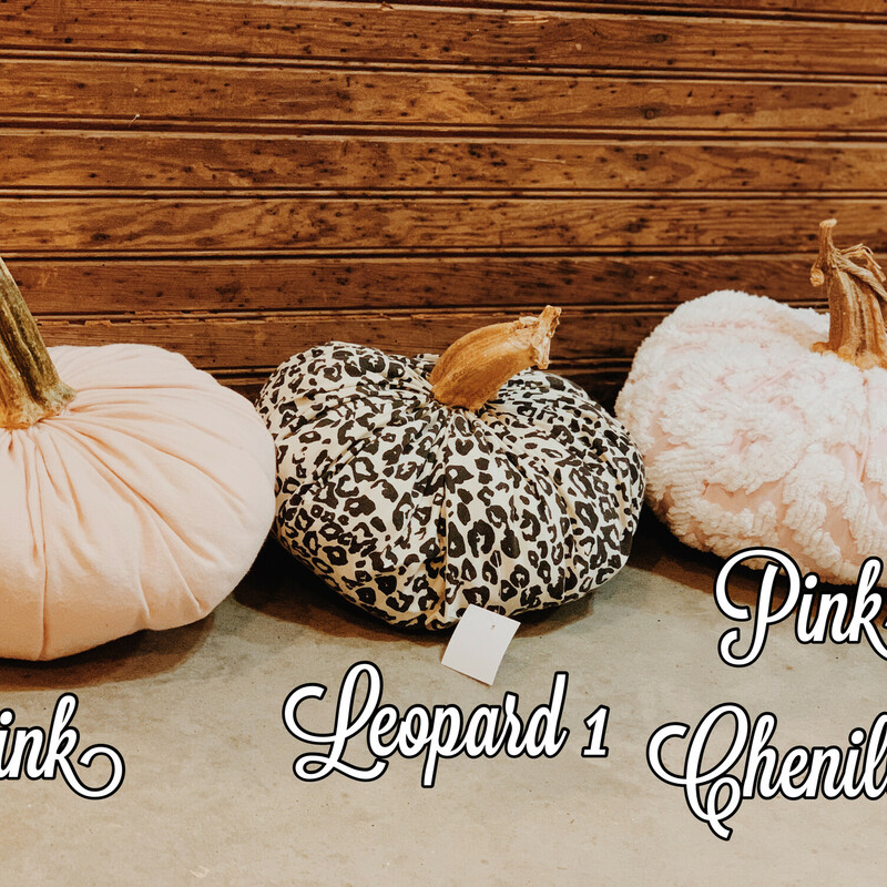 These handmade pumpkins measure about 11 inches in diameter and are made from vintage fabrics and have real pumpkin stems! They are available in Leopard 1, Leopard 2, Pink, Pink Chenille, Blue Ticking, Khaki, Yellow, and Cream.