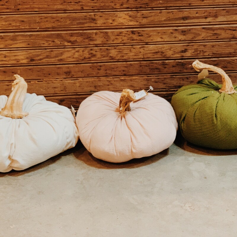 These handmade pumpkins measure about 8 inches in diameter and are made from vintage fabrics and have real pumpkin stems! They are available in Cream, Pink, Green, Leopard, Chenille, and Ticking.