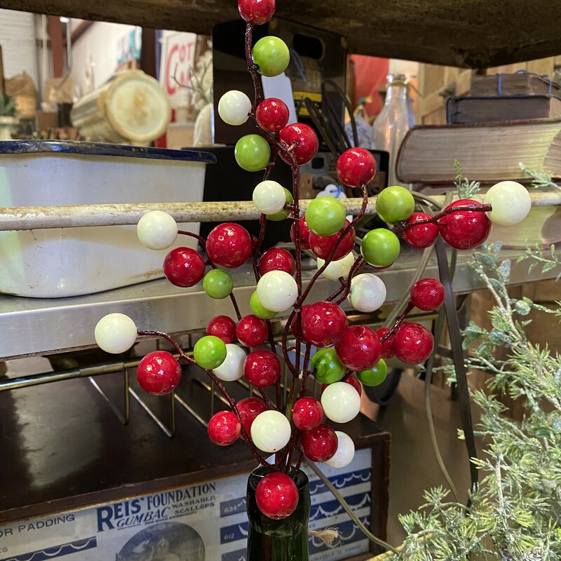 This stem measures 16 inches in length and has large red, white and green berries.  Stem looks great on its own or in an arrangement
