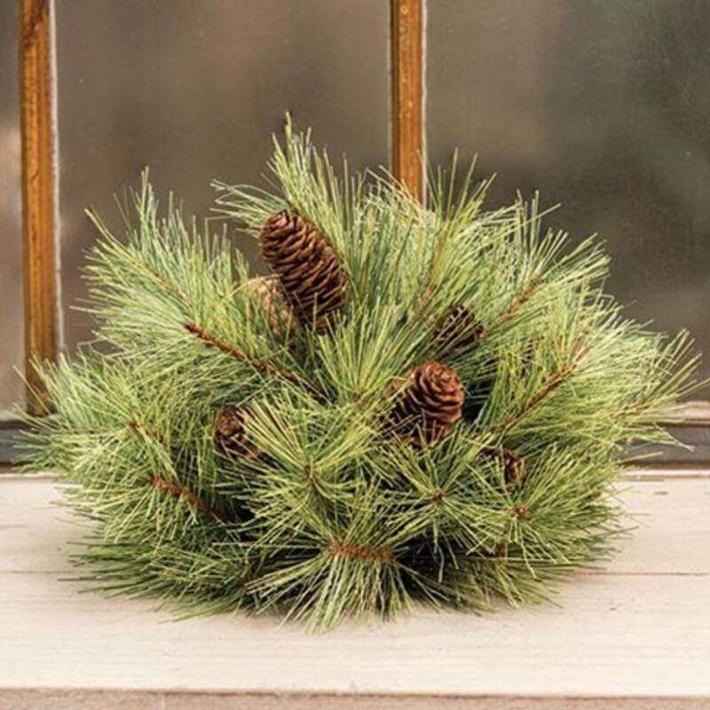 This beautiful Silver fir half sphere is made of, artificial silver fir branches that form a half sphere shape. Nestled among its long needles are pinecones that add a natural texture. This large, bold sphereis 12 inches in diameter and adds a beautiful winter accent to any decor.