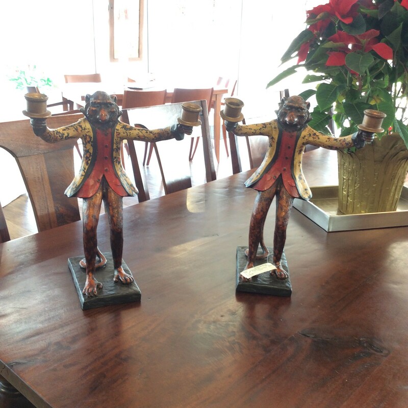 This is an extrordinary pair! Vintage Bill Huebbe Red Coat Monkey candlestands. Bill Huebbe originated the idea of the decorative monkey in the red and gold coat.
