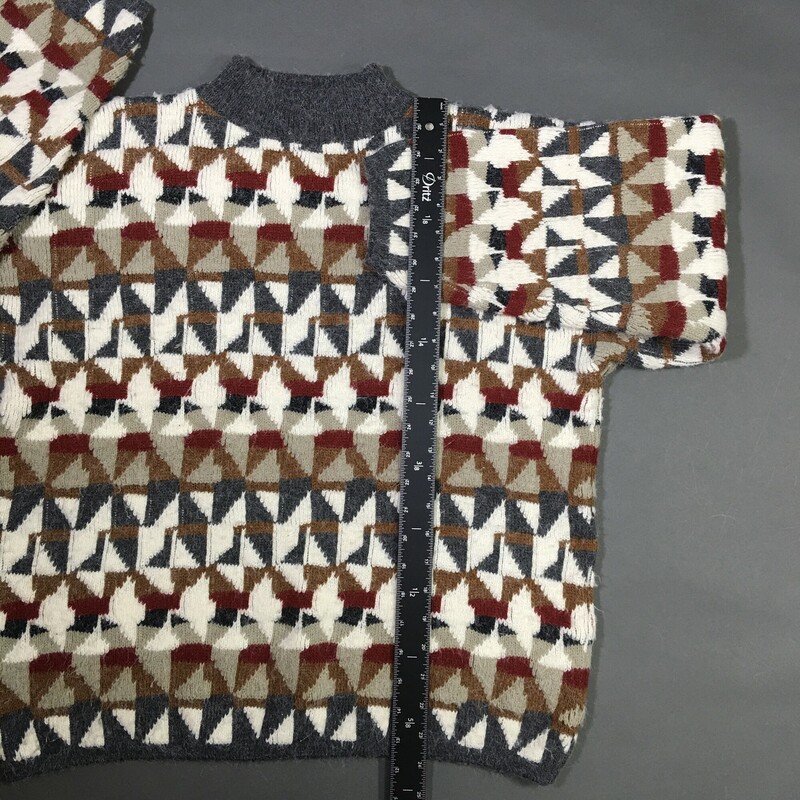 Collared Pullover Knit Sw, Plaid, Size: M,dark  grey collar with beige, light grey, rust and ochre pattern, 80s Kitty Hawk