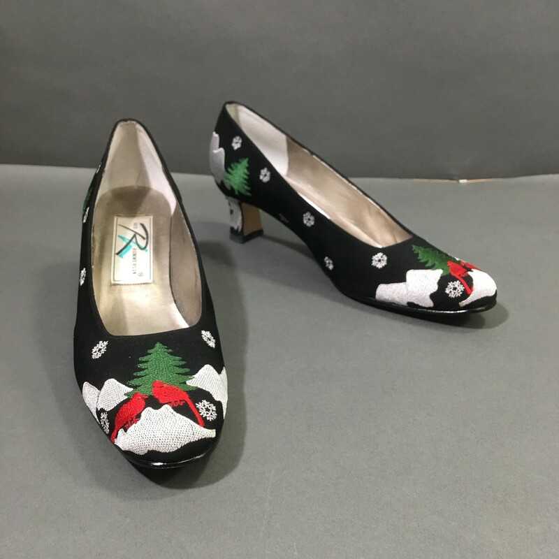Ros Hommerson Christmas, Pattern, Size: 8.5<br />
Chrismas, Party, Holiday<br />
Heels Pump Chrismas, Party, Holiday Red Cardinal<br />
Upper Material: Leather<br />
Shoe Width:B<br />
US 8.5<br />
Width:Medium<br />
Heel Style:Block<br />
Occasion: Special Occasion<br />
Size: 8.5<br />
Closure: Slip On<br />
Heel Height:<br />
Med (1 3/4 in. to 2 3/4 in.)<br />
Country/Region of Manufacture:	China<br />
Season: Winter, Fall<br />
Toe Shape: Round Toe:<br />
Multi-Color Embroidered Christmas Scene